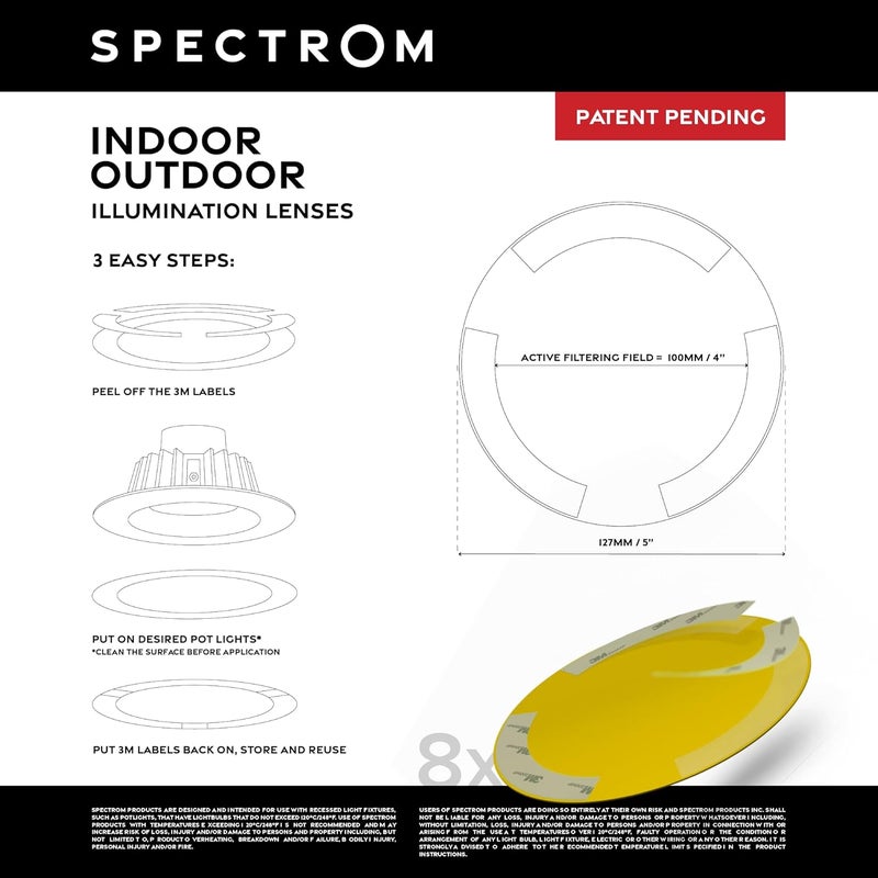SPECTROM Illumination Lenses for 5" Pot Lights & Recessed Lighting | Instant Colour Change, Tool-Free Setup, Reusable & Eco-Friendly, Any Event, Easy Peel & Press Application (Yellow (8pcs)) - Image 4